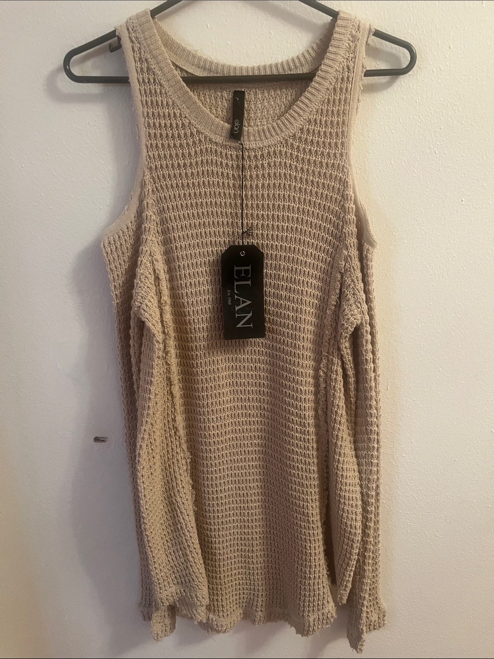 Elan Tan Off-Shoulder Waffle Knit cold shoulder Sweater